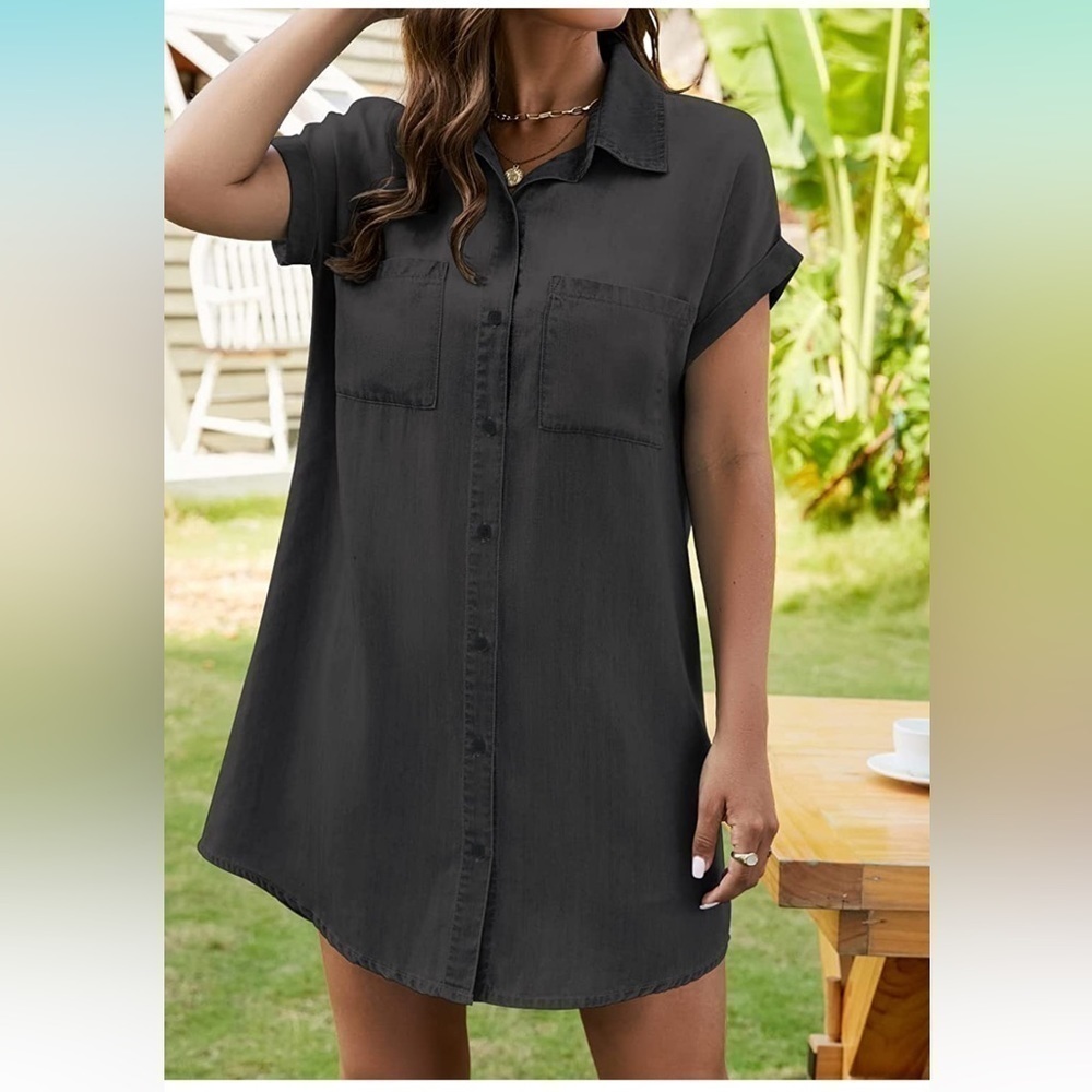 Casual Button-Front Shirt Dress in Charcoal